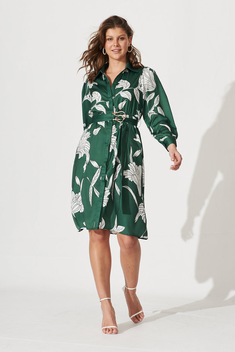 Kristella Shirt Dress In Green With White Floral Print