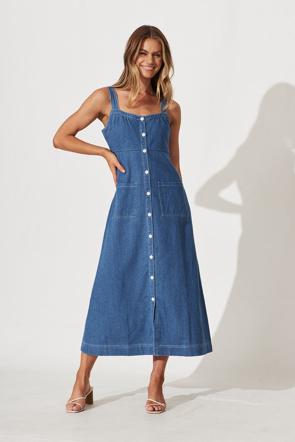 Denim button clearance front midi dress