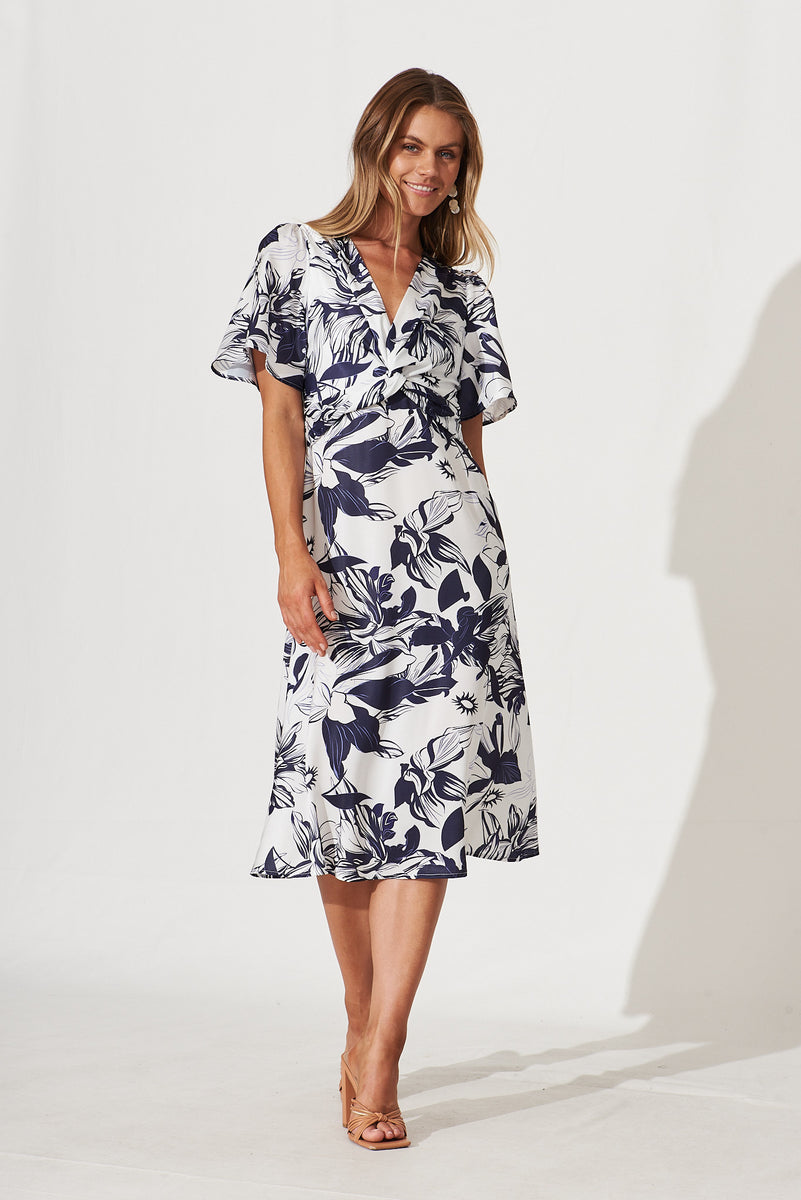 Becky Midi Dress In White With Navy Floral Satin – St Frock