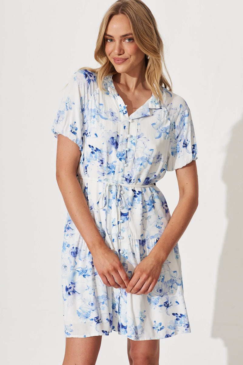 Hilton Shirt Dress In White And Blue Floral Linen Blend – St Frock