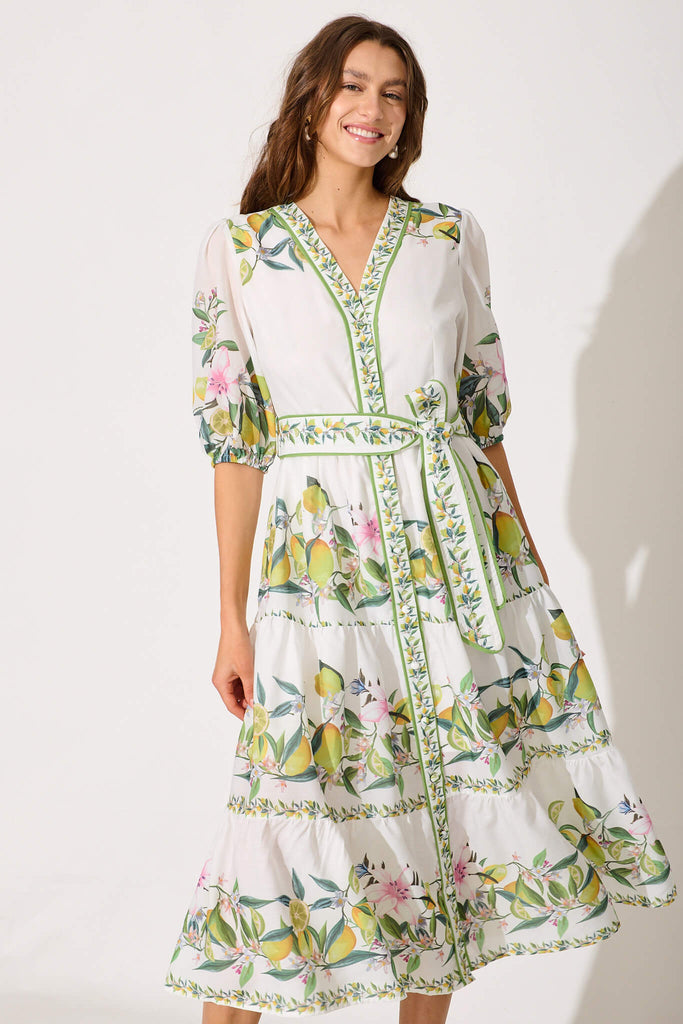 Pambula Maxi Dress In White With Yellow Print - front