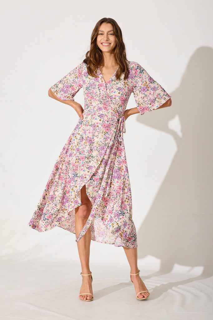 Bellerose Midi Wrap Dress In Cream With Pink Floral - full length