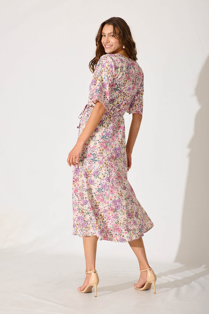 Bellerose Midi Wrap Dress In Cream With Pink Floral - back