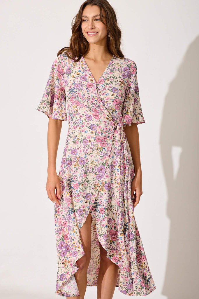 Bellerose Midi Wrap Dress In Cream With Pink Floral - front