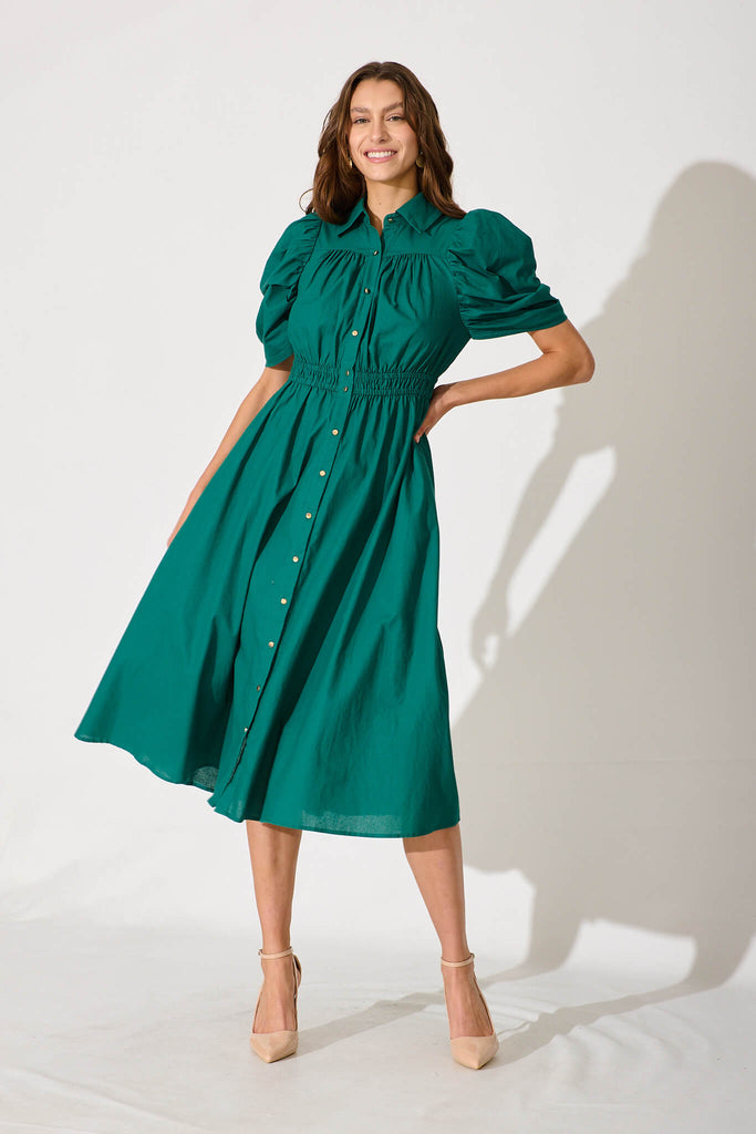 Gemini Midi Shirt Dress In Green Cotton