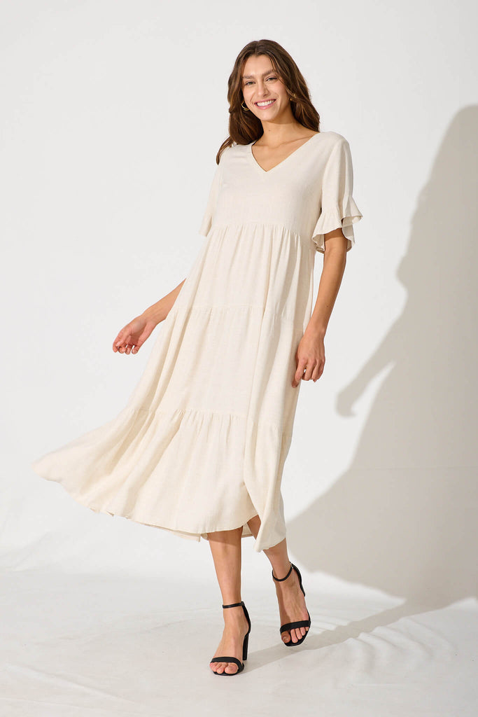 Kristen Midi Smock Dress In Oatmeal Linen Blend