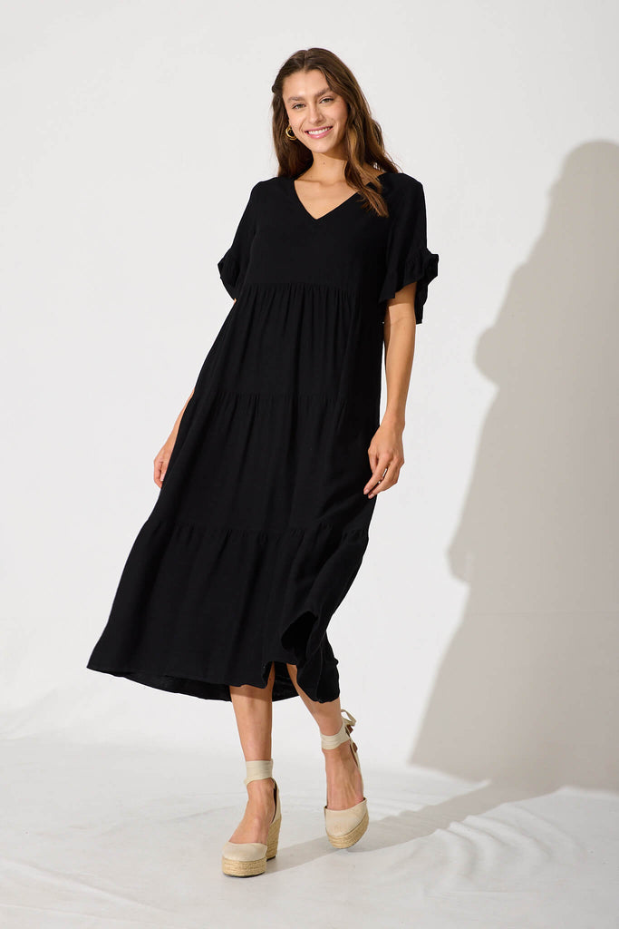 Kristen Midi Smock Dress In Black Linen Blend