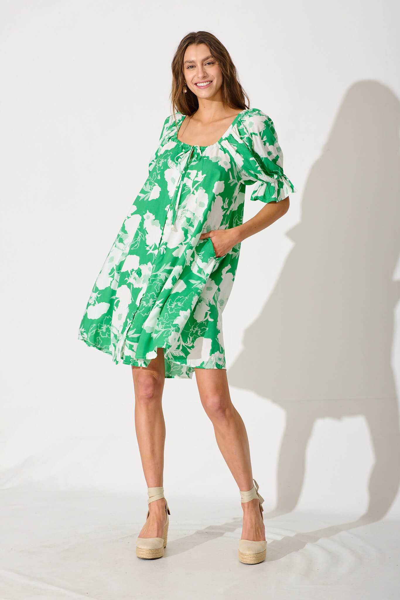 Lucius Dress In Green With White Floral - full length