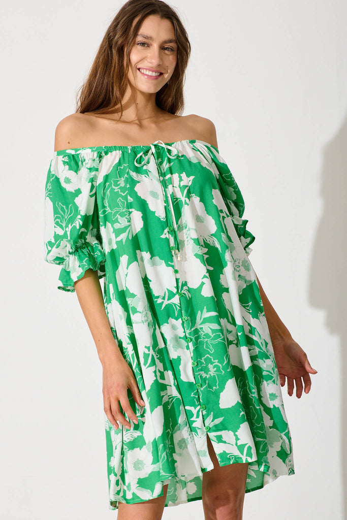 Lucius Dress In Green With White Floral - front