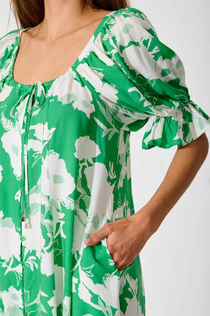 Lucius Dress In Green With White Floral - detail