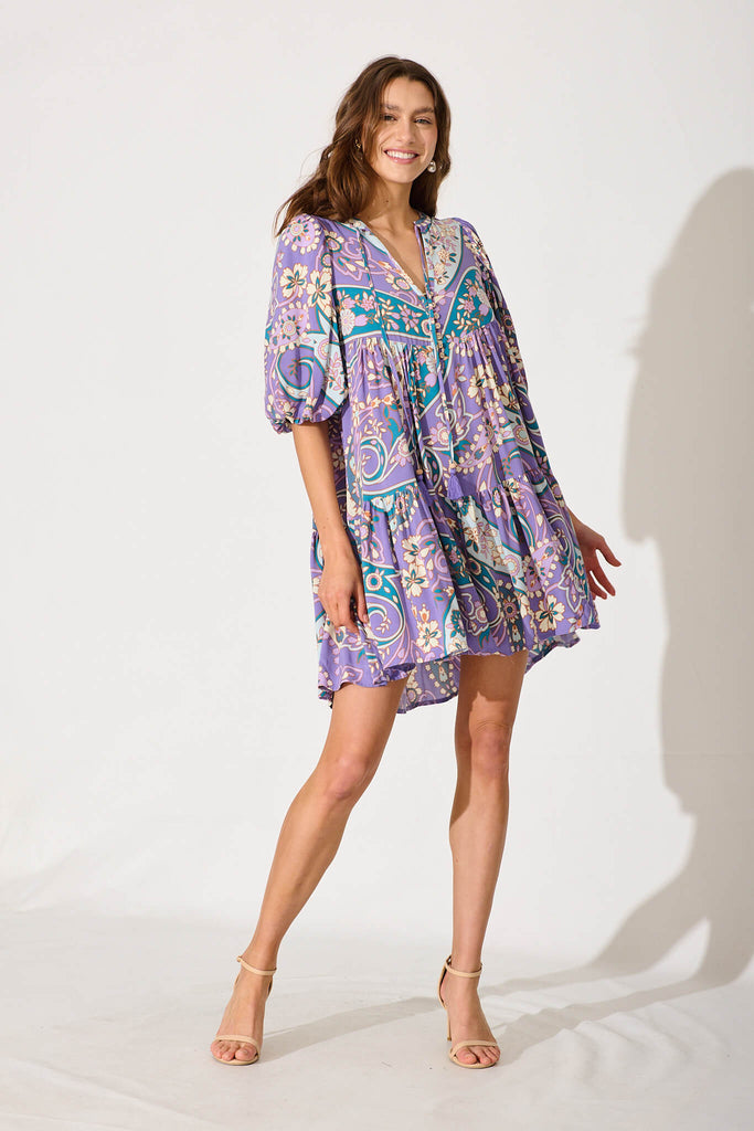 Minnesota Smock Dress In Purple With Blue Paisley Print