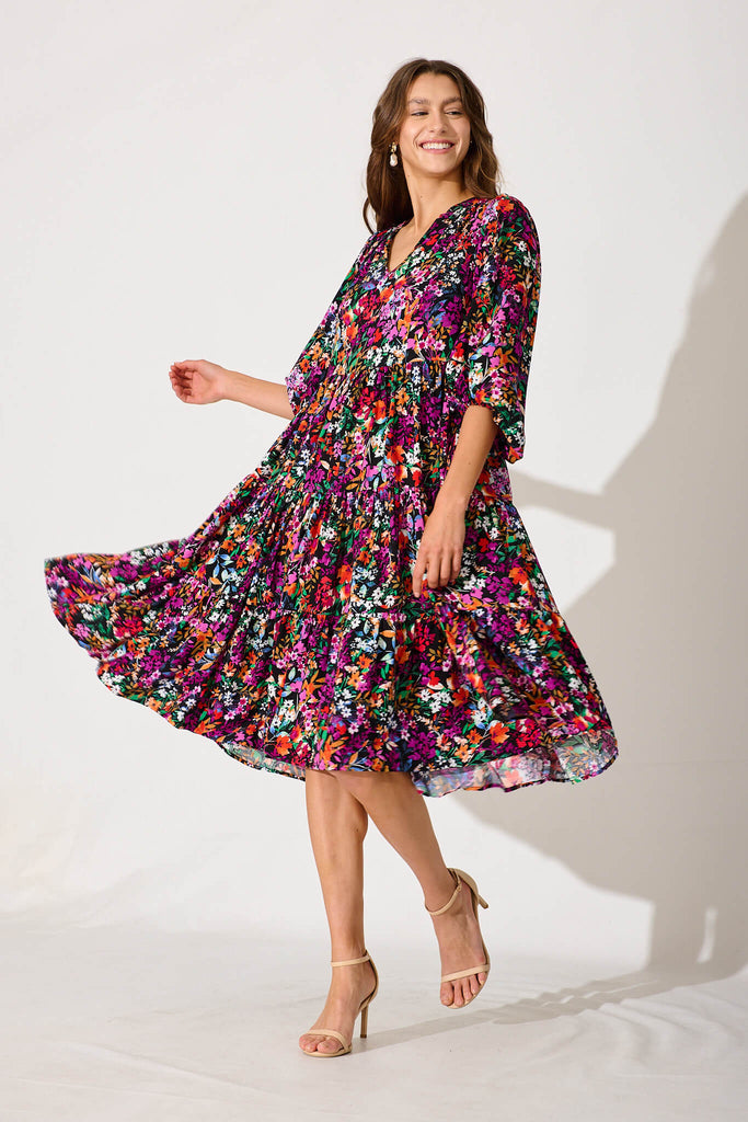 Kehlana Tiered Midi Dress In Black Multi Floral