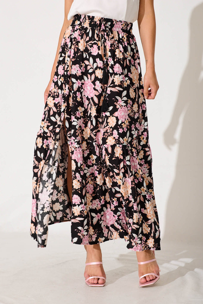 Bilboa Maxi Skirt In Black With Blush Multi Floral