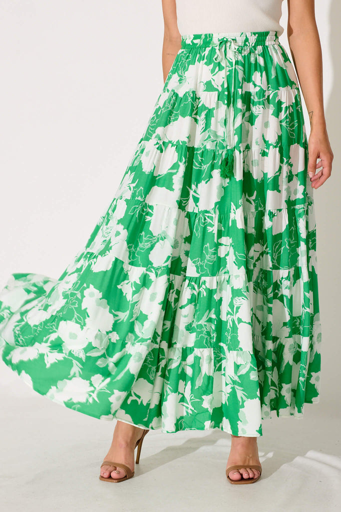 Brice Maxi Skirt In Green With White Floral