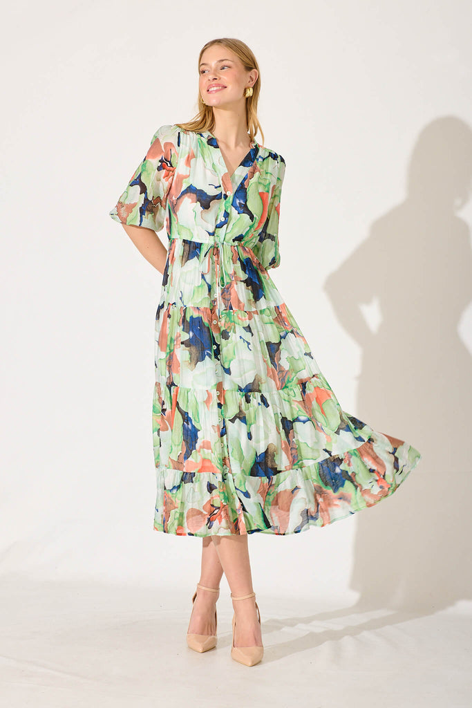 Messina Midi Dress In Green With Multi Print - full length