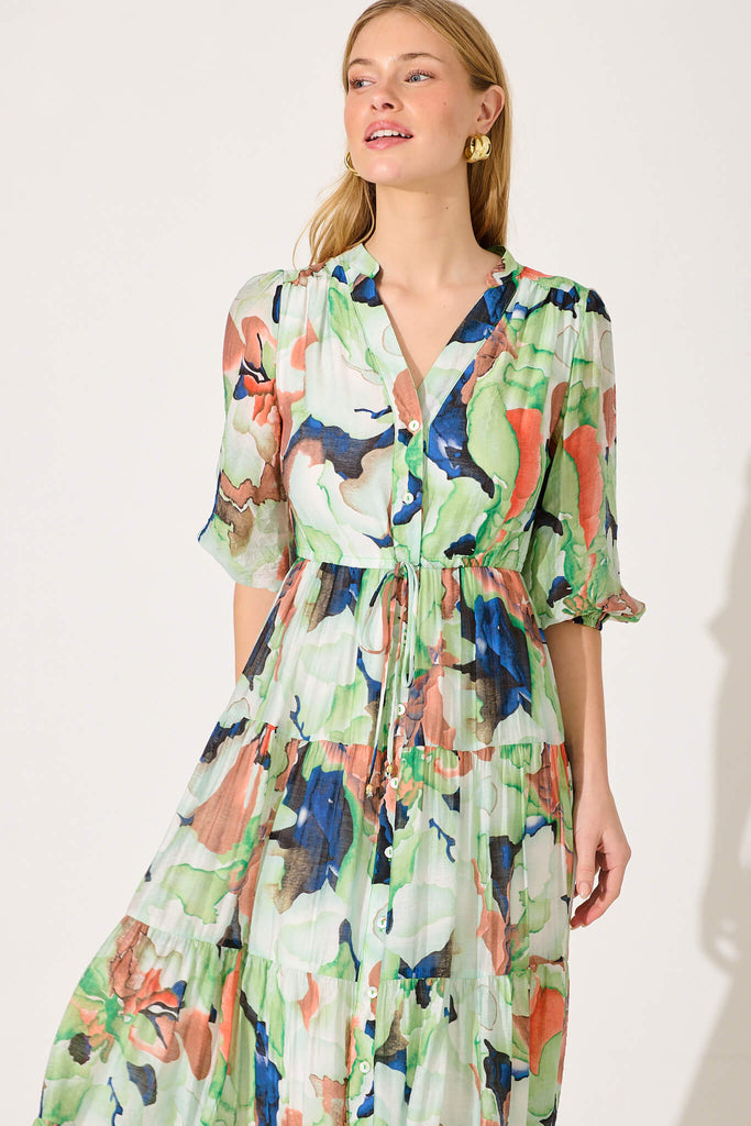 Messina Midi Dress In Green With Multi Print - front