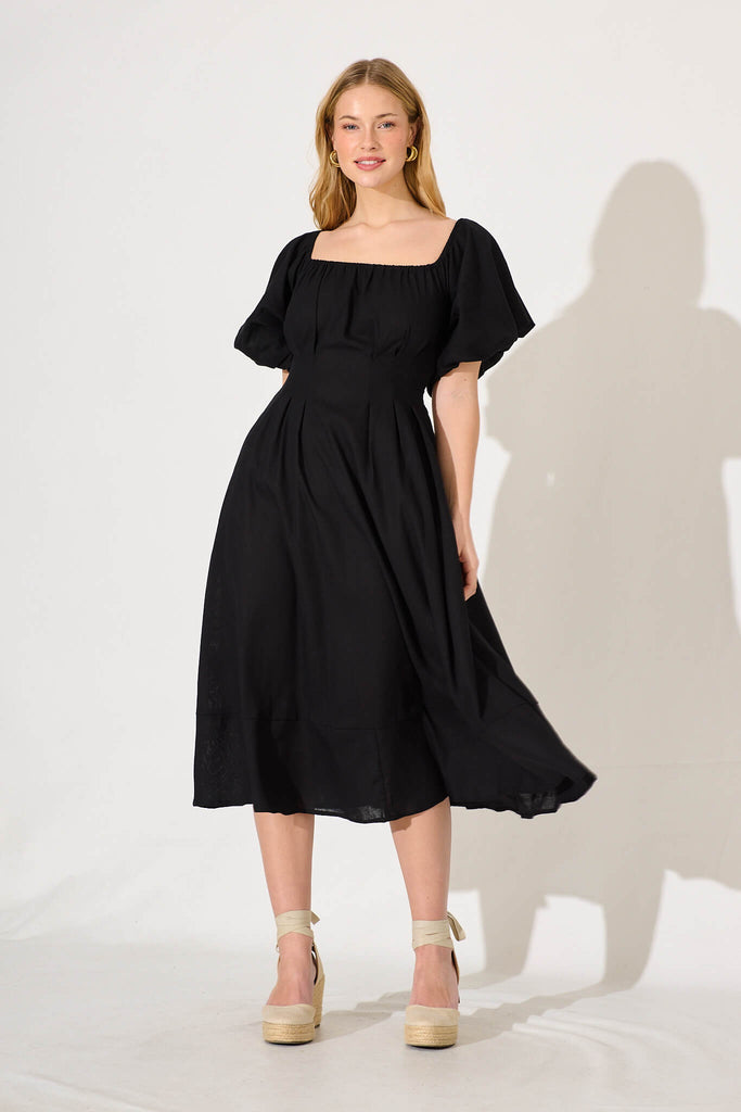 Wintour Midi Dress In Black Linen Blend