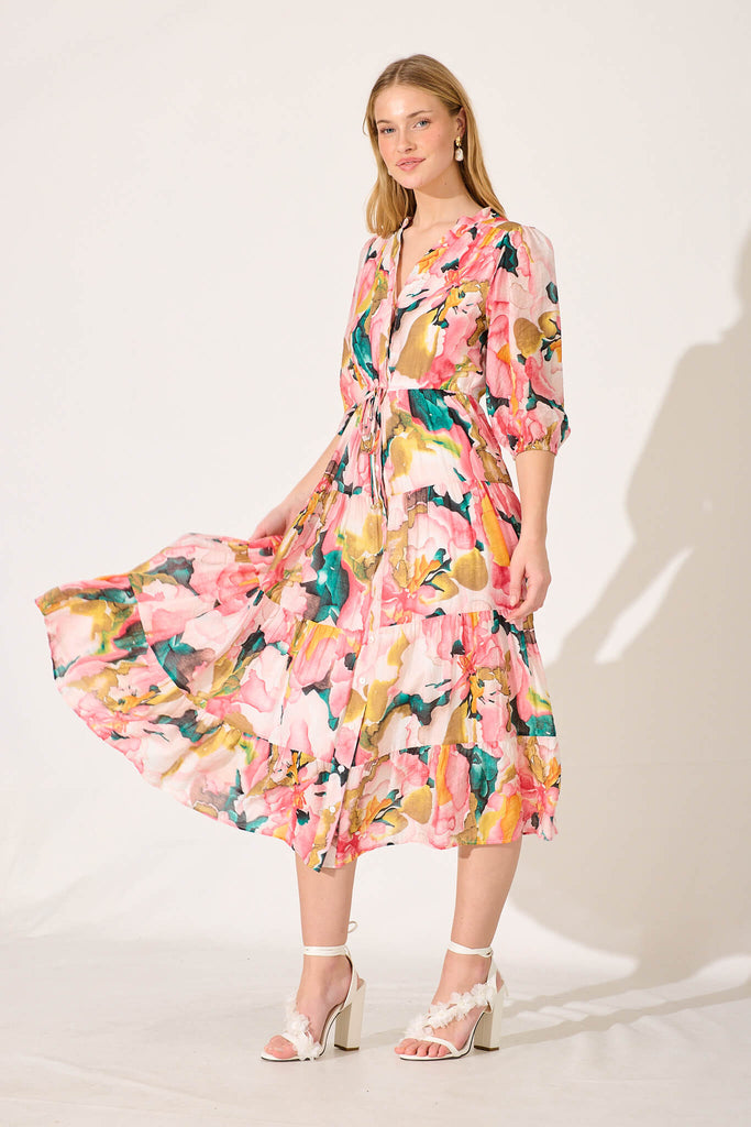 Messina Midi Dress In Pink Multi Print - side