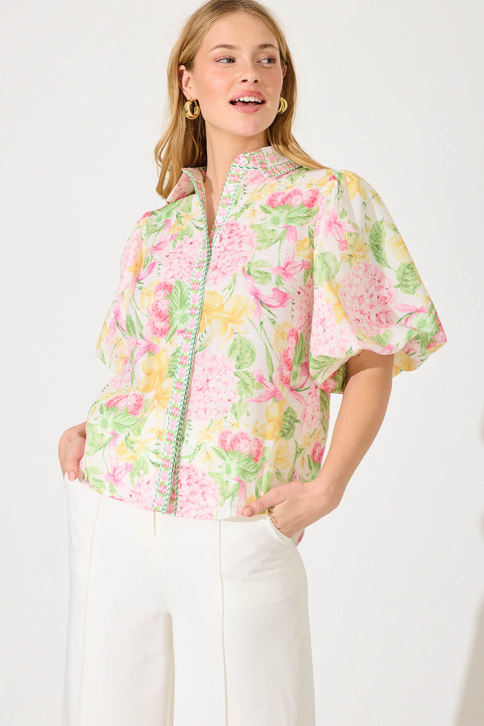 Novara Shirt In Pink Multi Floral Linen Blend