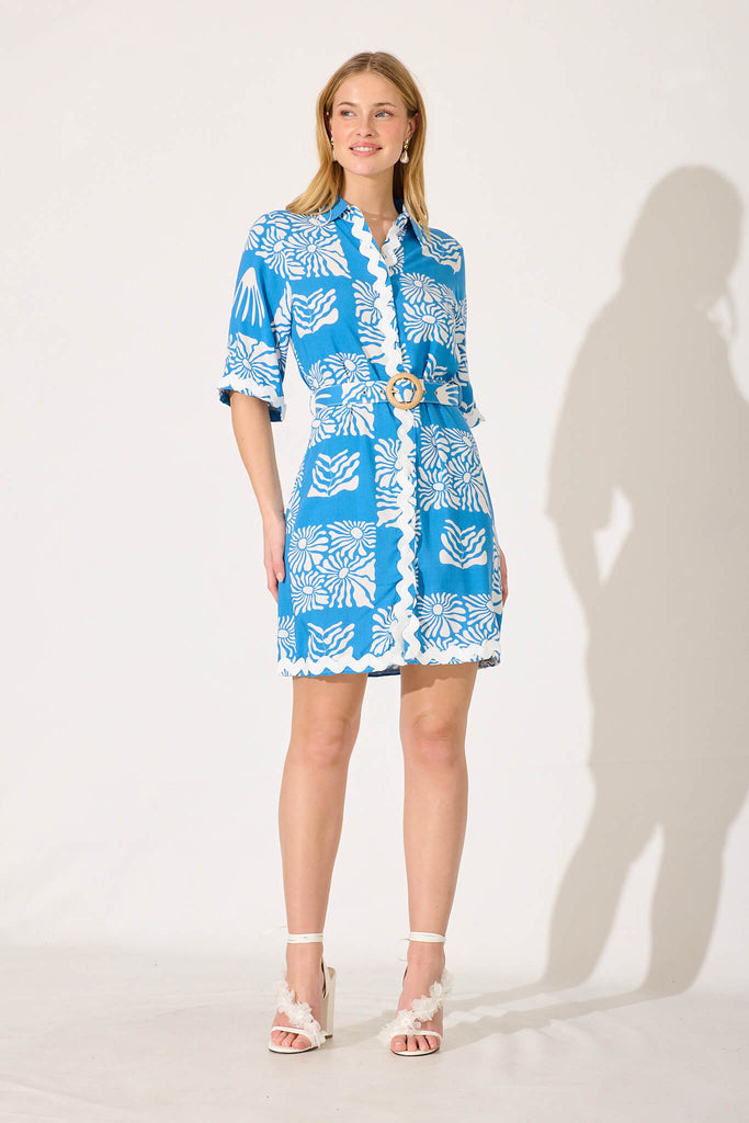 Arrowvale Shirt Dress In Blue Flower With White Ric Rac Trim