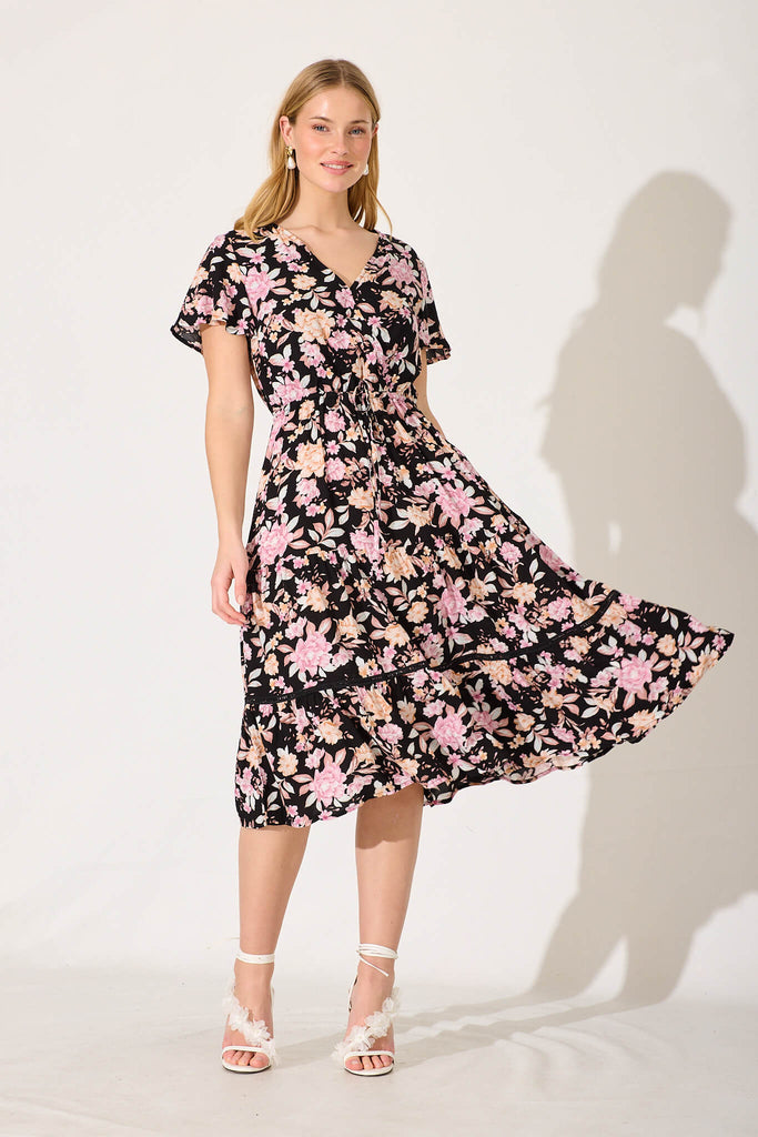 Aquarius Midi Dress Black With Blush Multi Floral