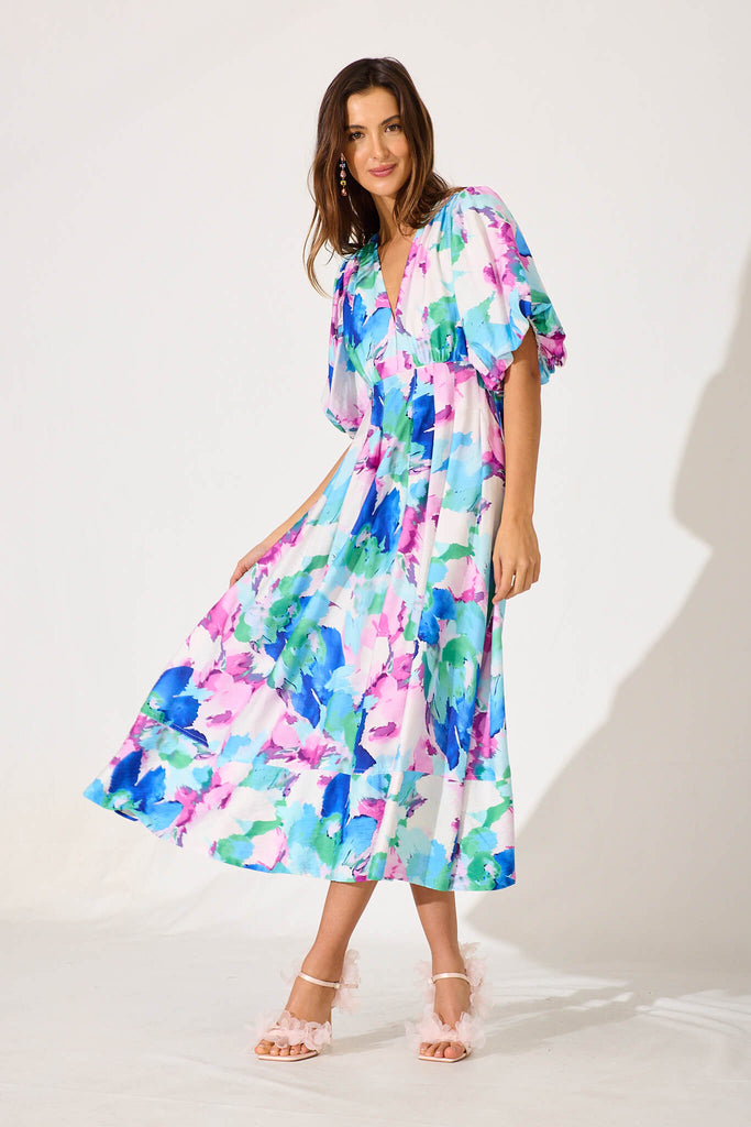 Daydreamer Midi Dress In White With Blue Multi Floral