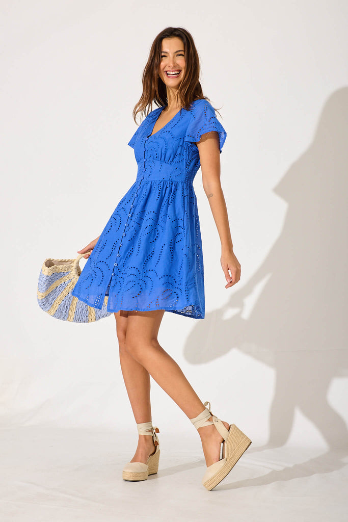 Aurelia Dress In Cobalt Blue Cotton Broderie