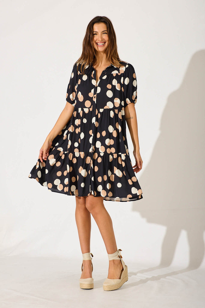 Felicia Shirt Dress In Black With Cream Spot