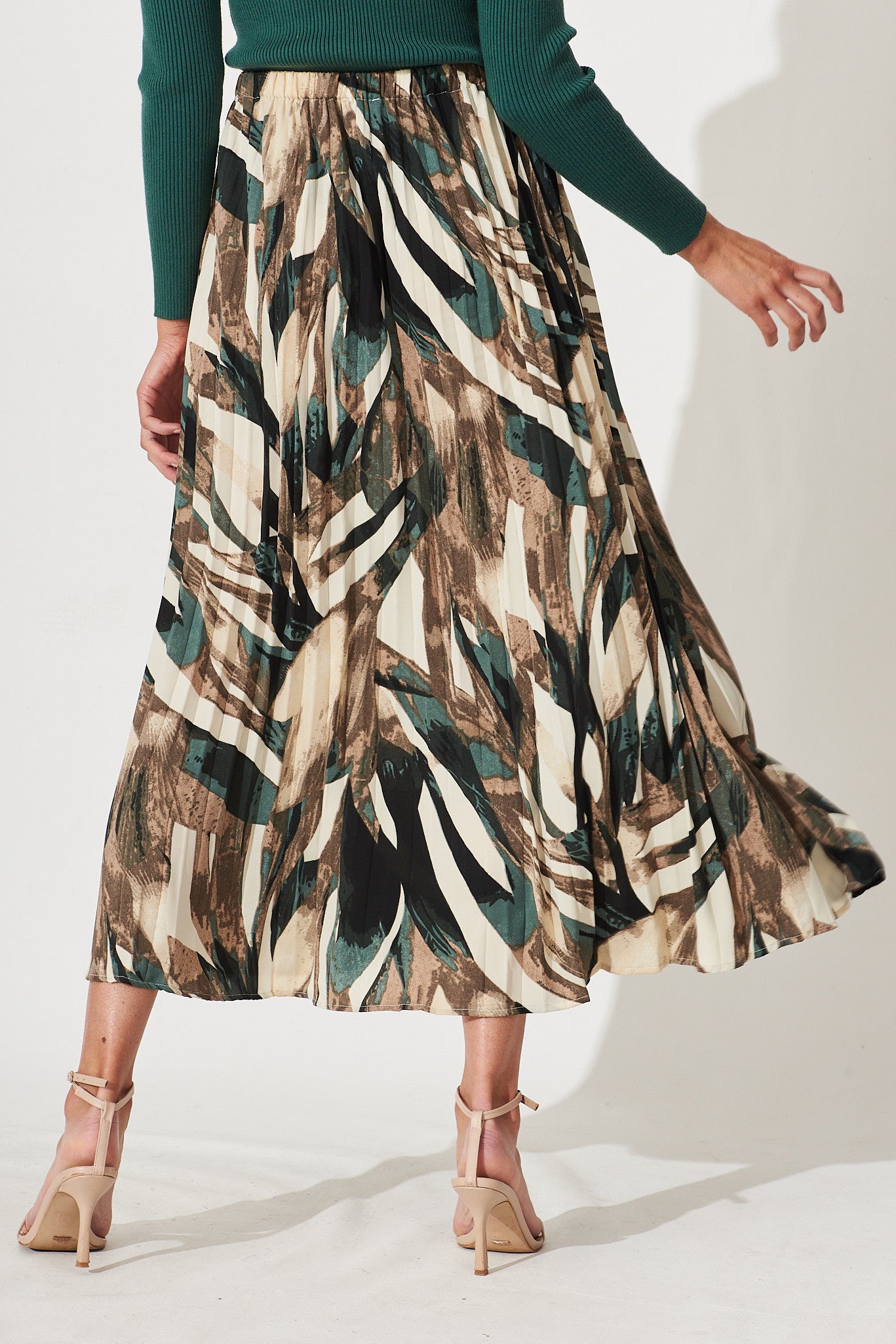 Lyon Pleated Midi Skirt In Cream With Black And Green Print St Frock