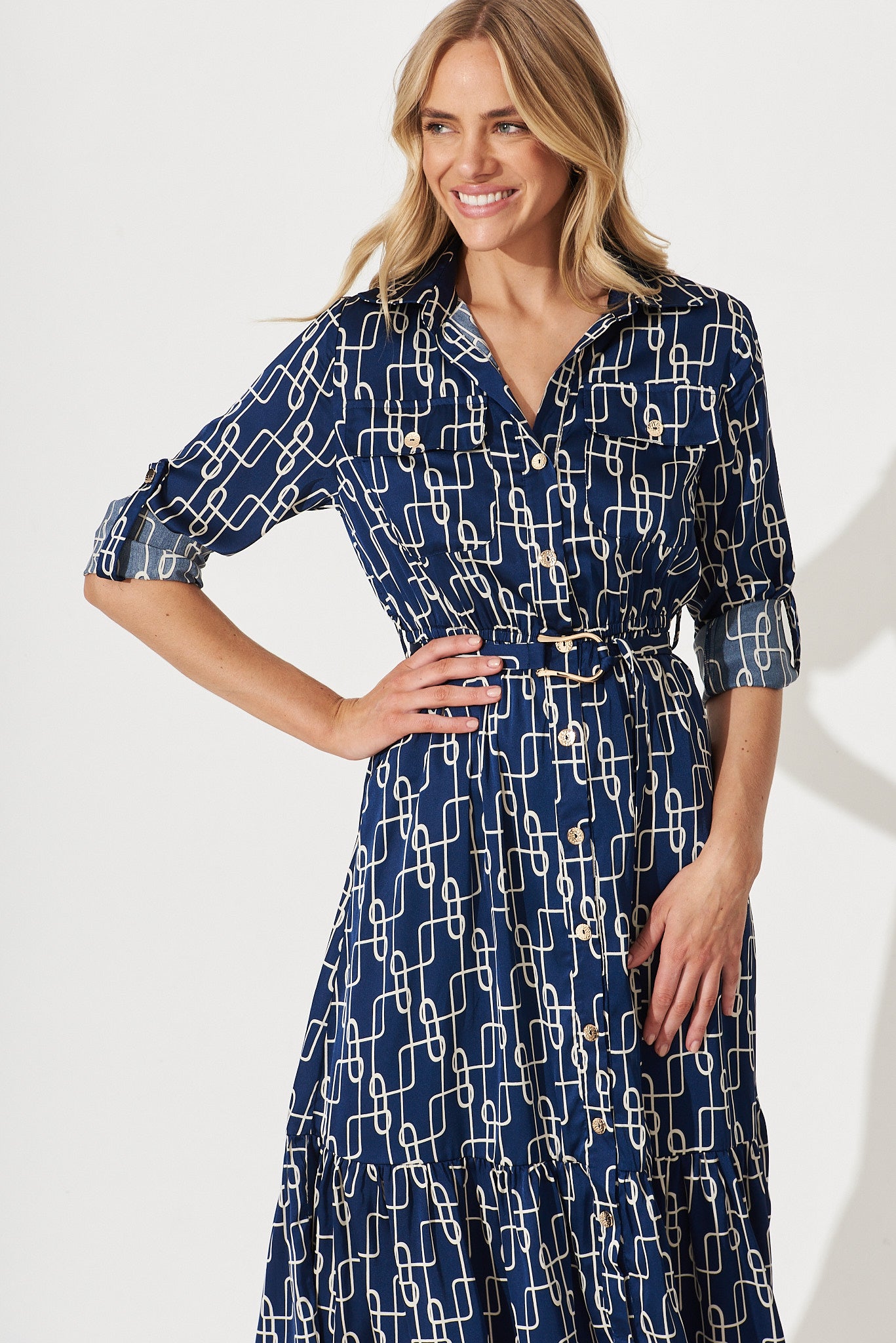 Divinity Midi Shirt Dress In Navy With Cream Chain Print – St Frock