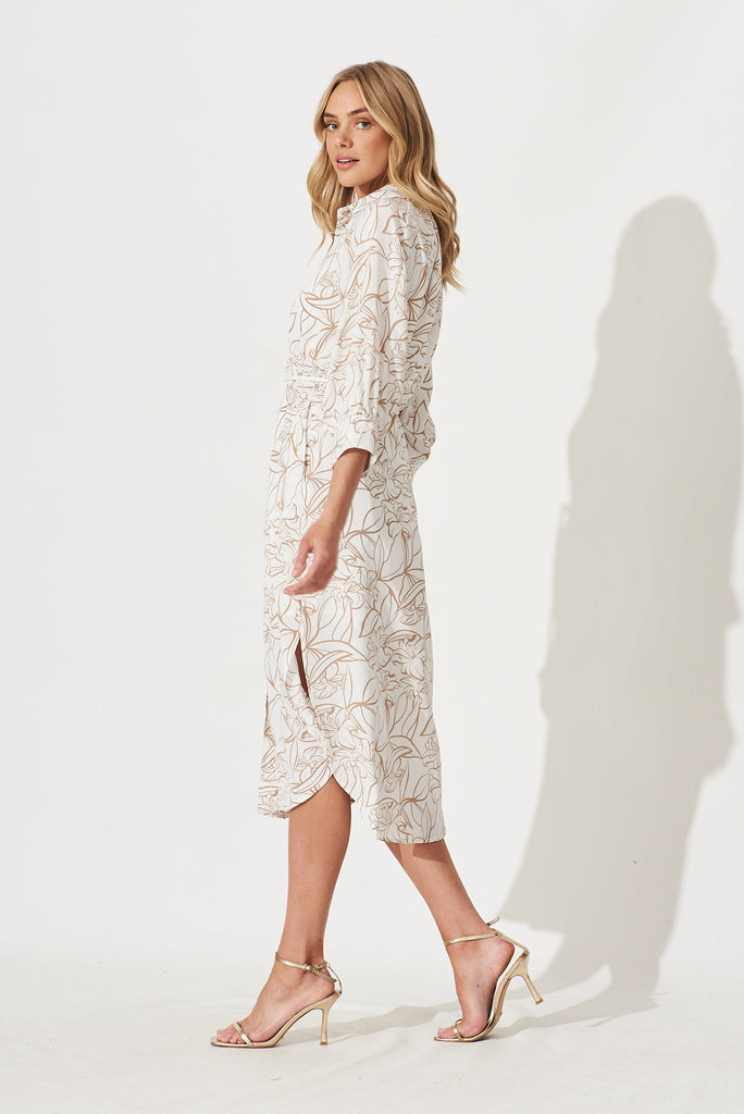 Fortuna Midi Shirt Dress In White With Brown Print - side