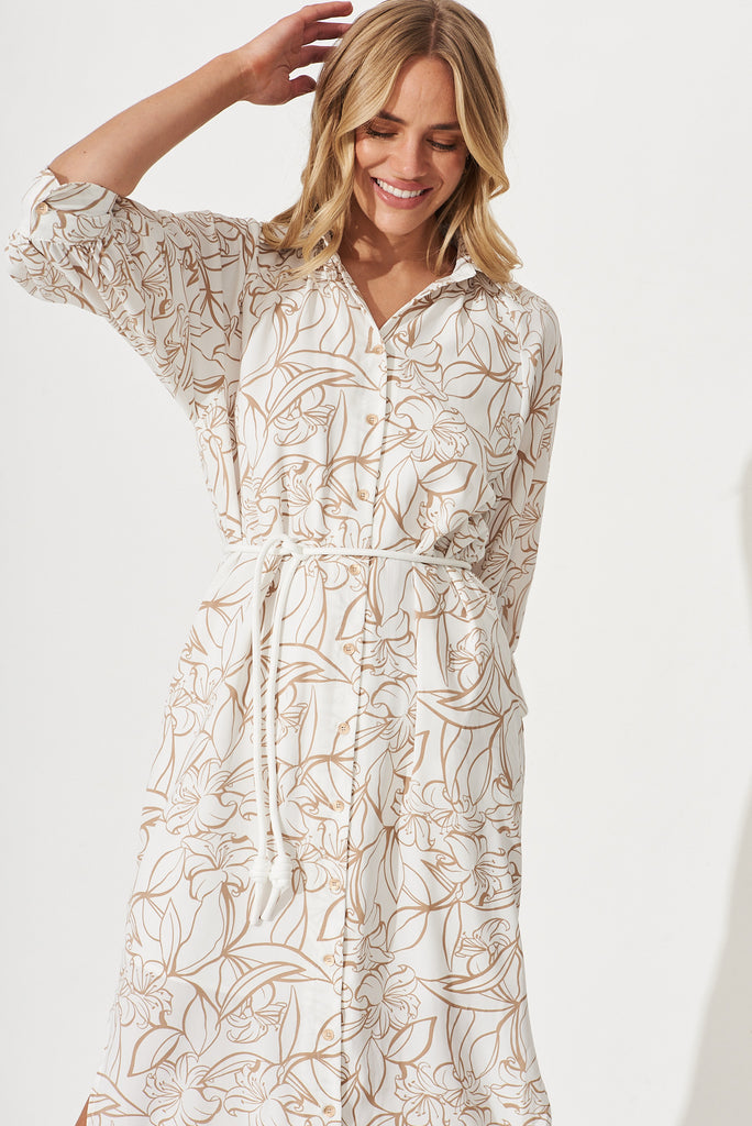 Fortuna Midi Shirt Dress In White With Brown Print - front