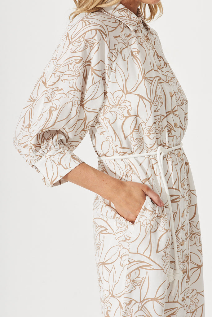 Fortuna Midi Shirt Dress In White With Brown Print - detail