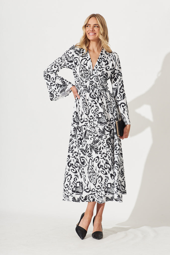 Amiens Midi Dress In White With Black Floral Print - full length