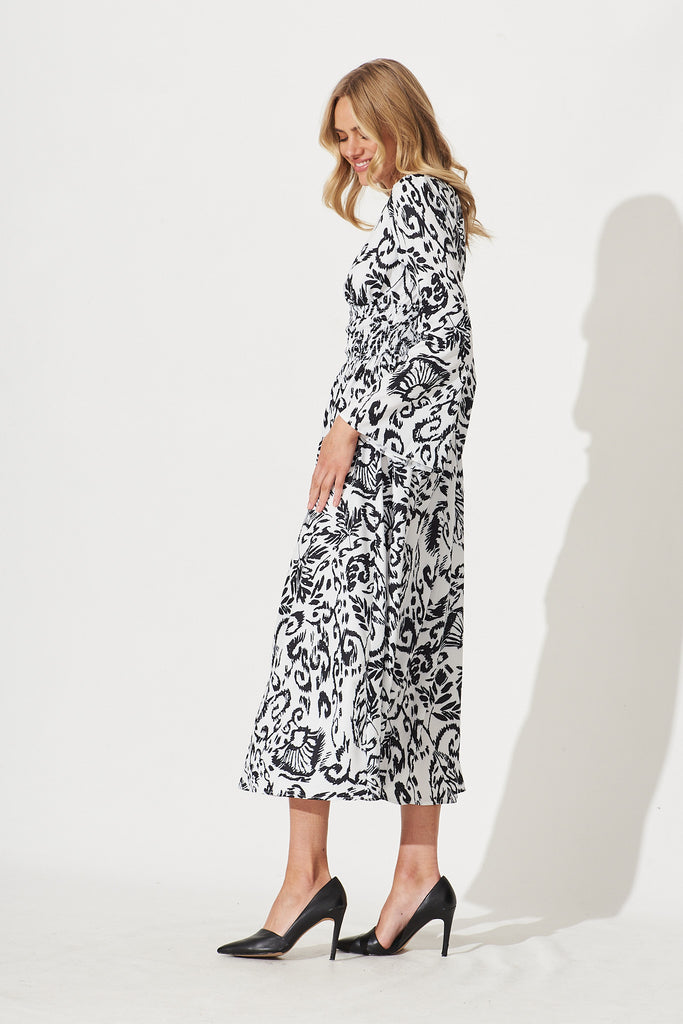 Amiens Midi Dress In White With Black Floral Print - side