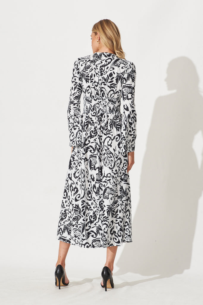 Amiens Midi Dress In White With Black Floral Print - back