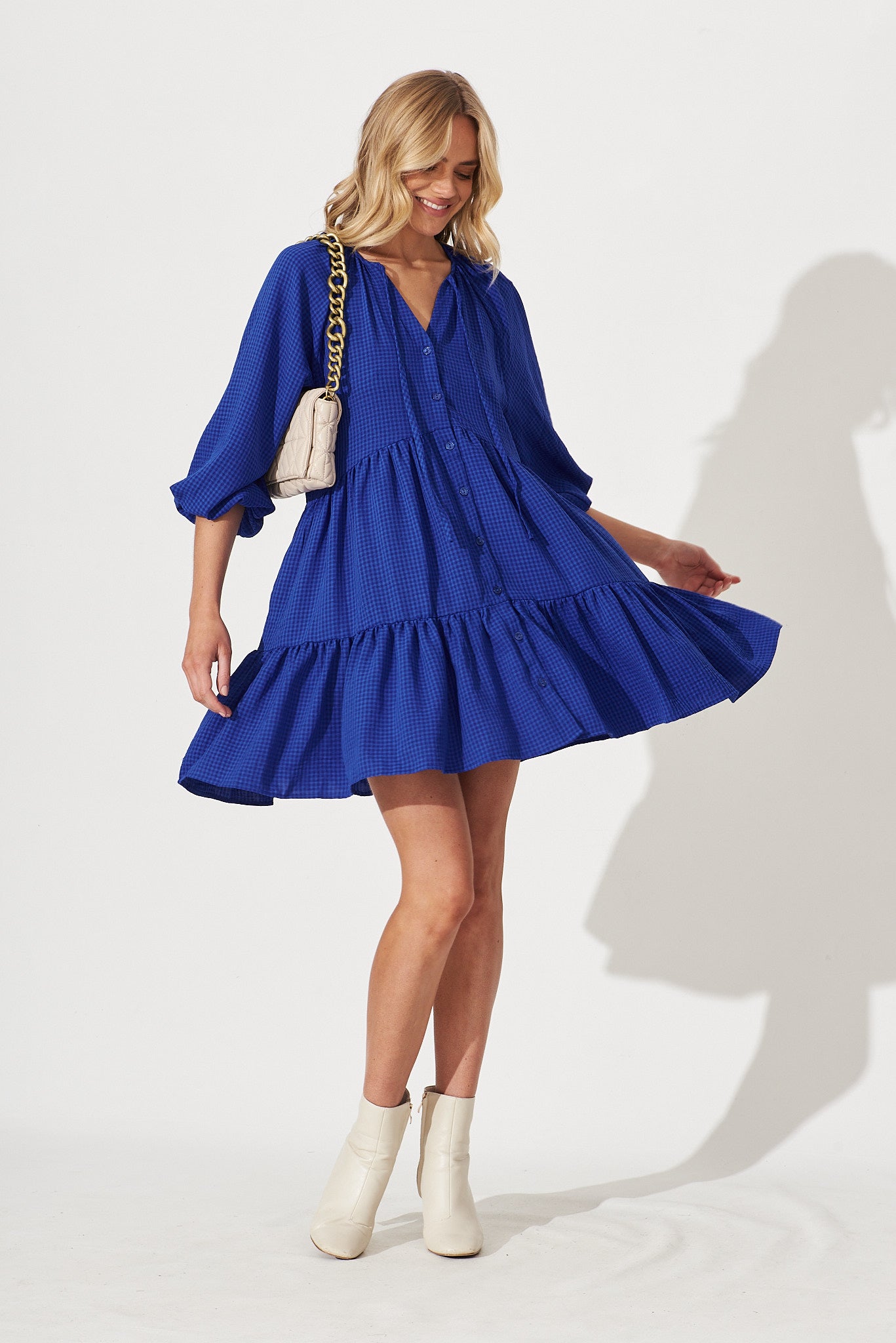 Candour Smock Dress In Cobalt Blue Gingham - full length