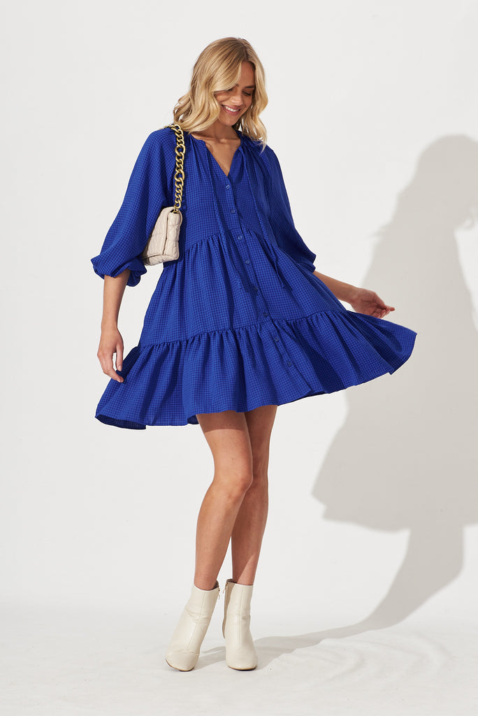 Candour Smock Dress In Cobalt Blue Gingham - full length