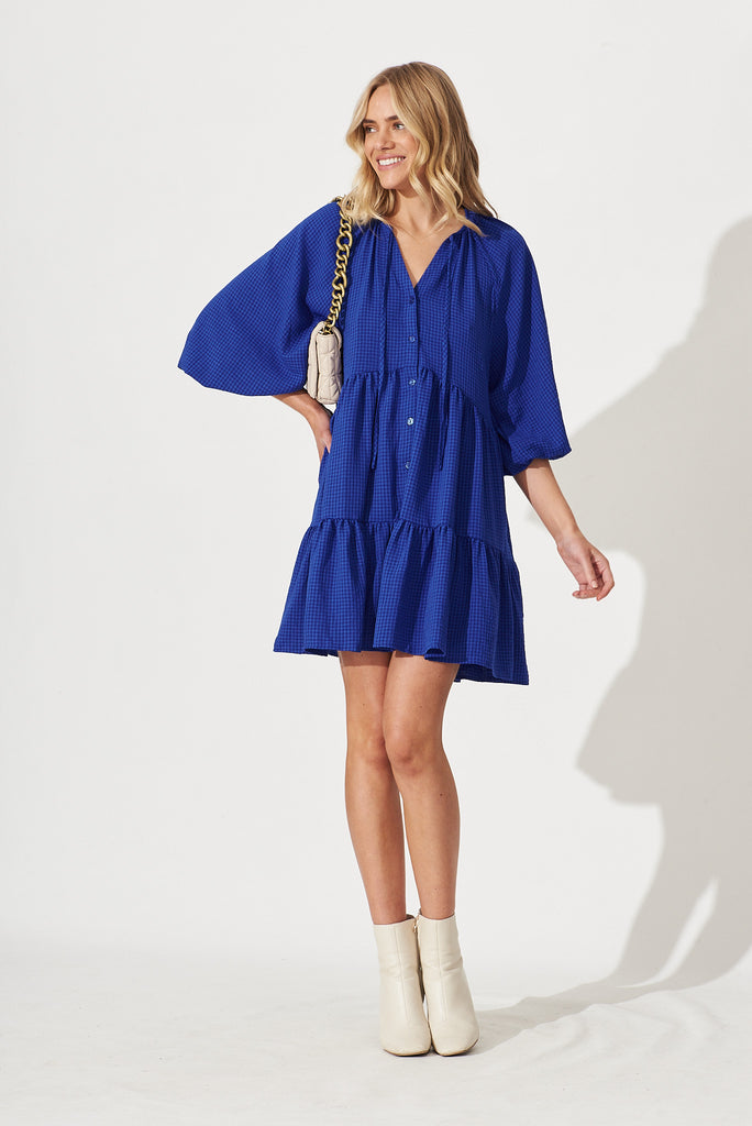 Candour Smock Dress In Cobalt Blue Gingham - full length