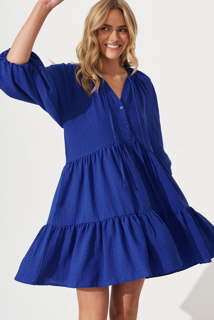 Candour Smock Dress In Cobalt Blue Gingham - front