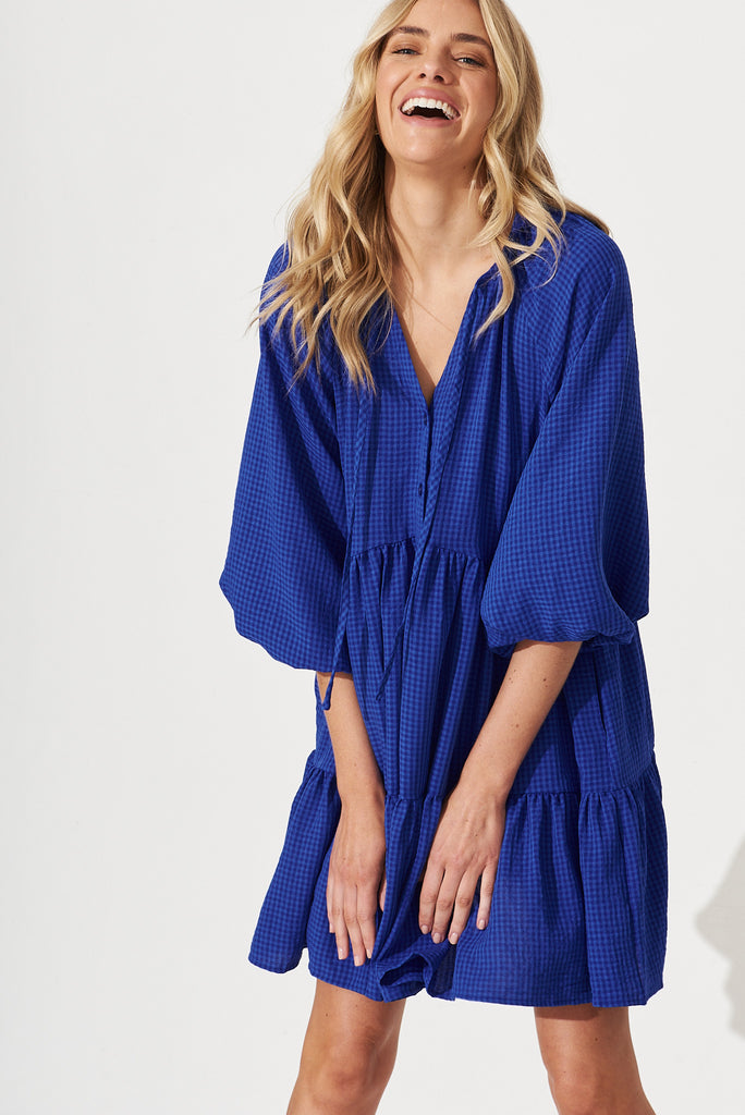 Candour Smock Dress In Cobalt Blue Gingham - front