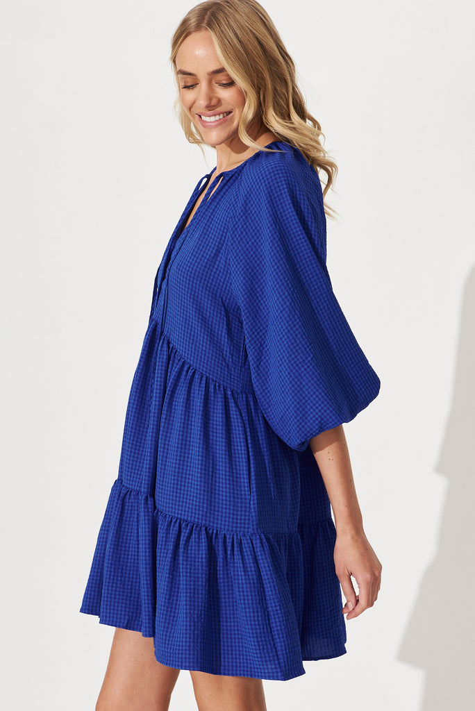 Candour Smock Dress In Cobalt Blue Gingham - side