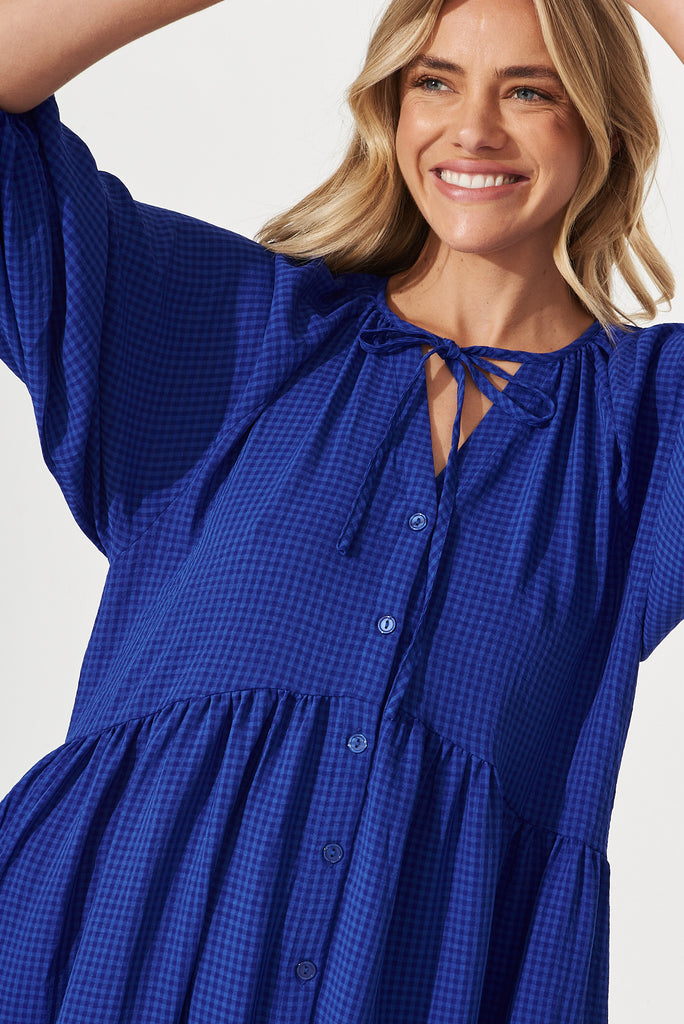 Candour Smock Dress In Cobalt Blue Gingham - detail