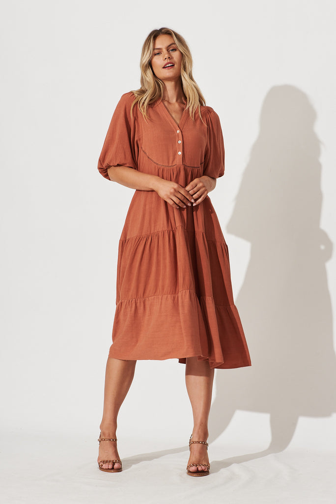 Nantes Midi Smock Dress In Rust Linen Blend - full length