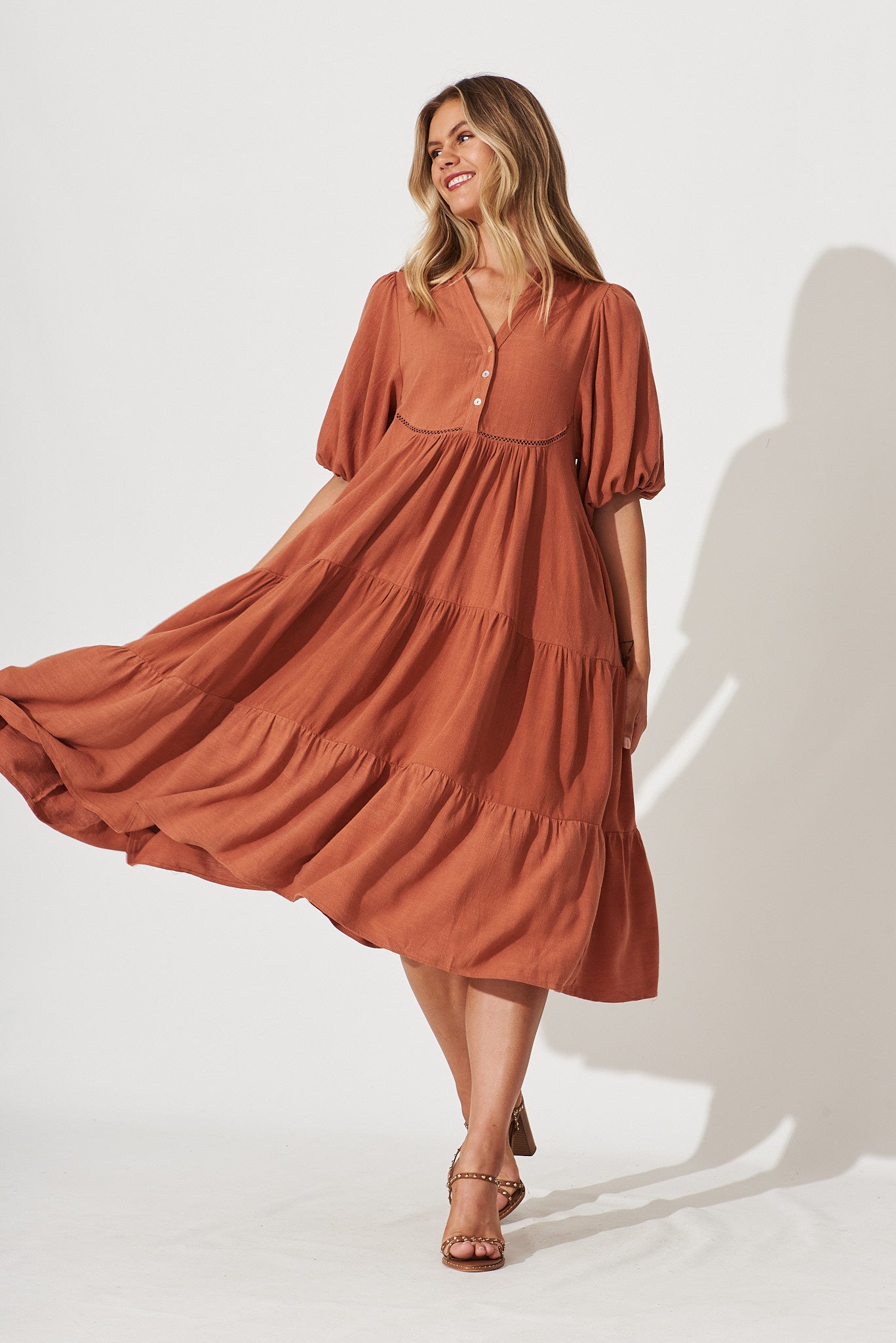 Nantes Midi Smock Dress In Rust Linen Blend - full length