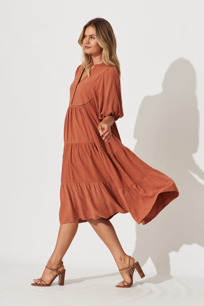 Nantes Midi Smock Dress In Rust Linen Blend - side