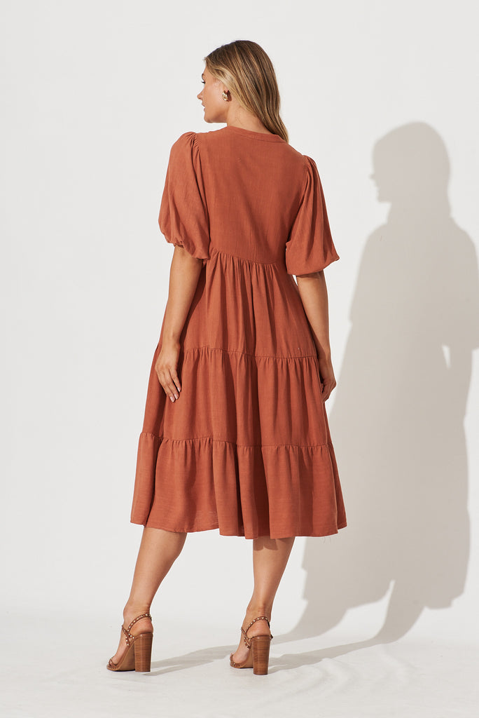 Nantes Midi Smock Dress In Rust Linen Blend - back