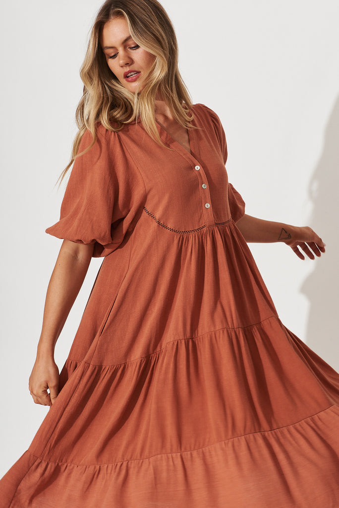 Nantes Midi Smock Dress In Rust Linen Blend - front