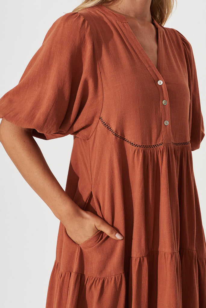 Nantes Midi Smock Dress In Rust Linen Blend - detail