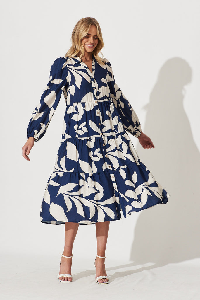 Bienne Midi Shirt Dress In Navy With Cream Leaf Print Cotton Blend - full length